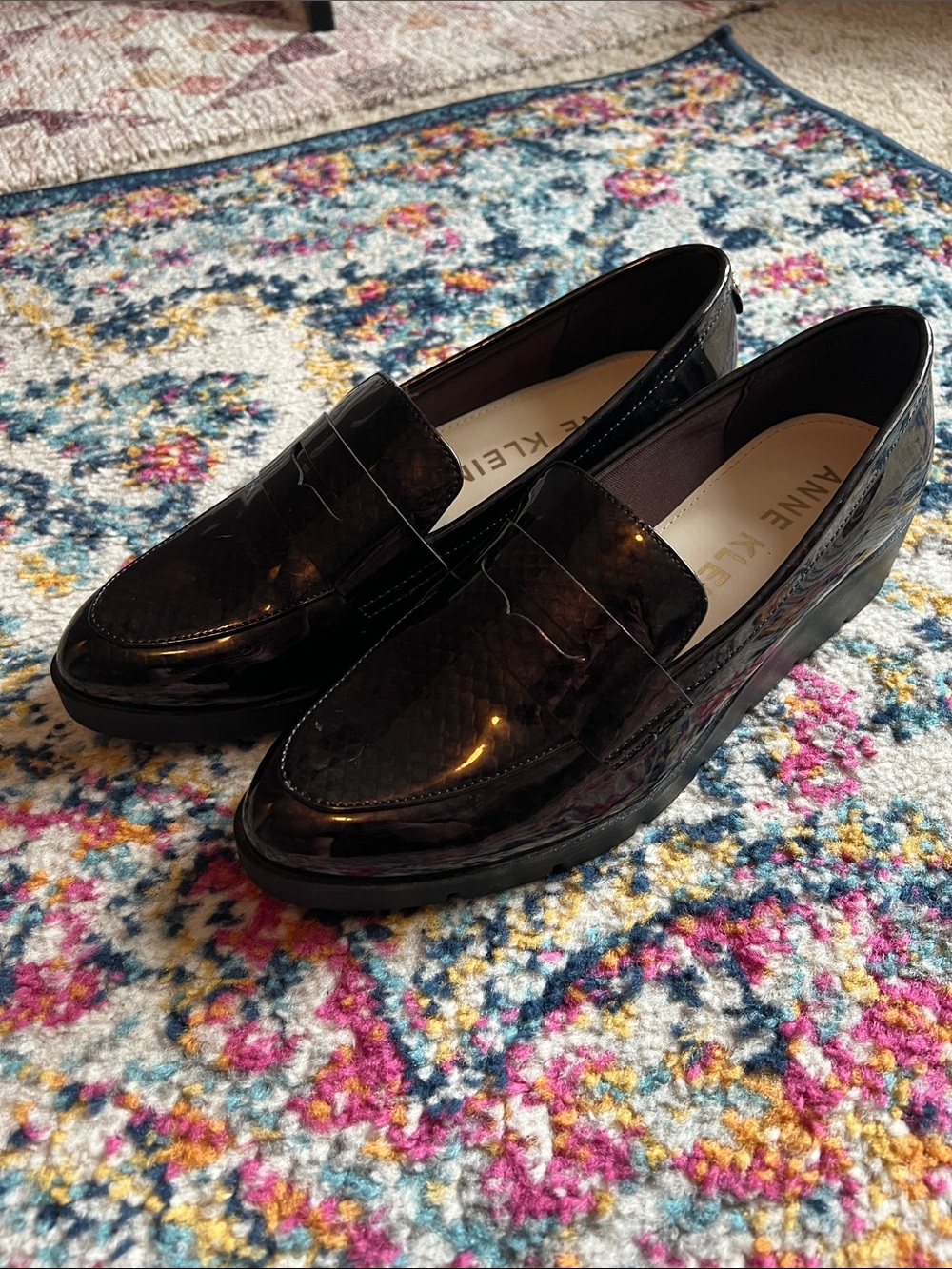 Anne Klein Brown and Black Glossy Penny Loafers